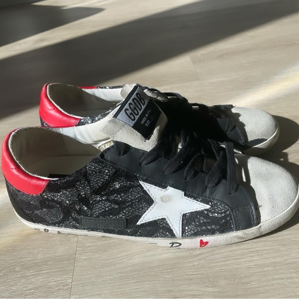 Golden Goose Black Lace Star Sneakers with Red Heal